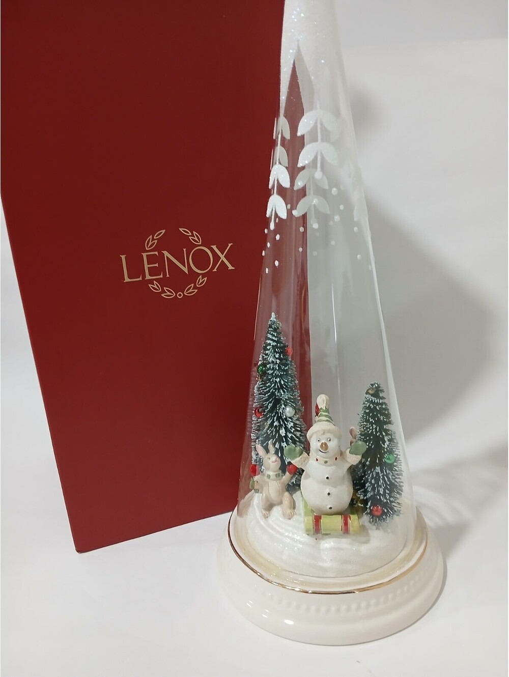Lenox Merry & Magical Lit Snowman bunny Glass Cone Porcelain Base Figurine NIB